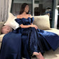 Dark Blue A-line Prom Dressess Off the Shoulder Floor-Length Beaded Vestidos De Noche Detachable Train Cocktail Party