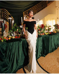 Sexy Off The Shoulder Package Hips Black Patchwork White Floor Length Dress Graceful Woman Party Dress Cocktail Party Outfit