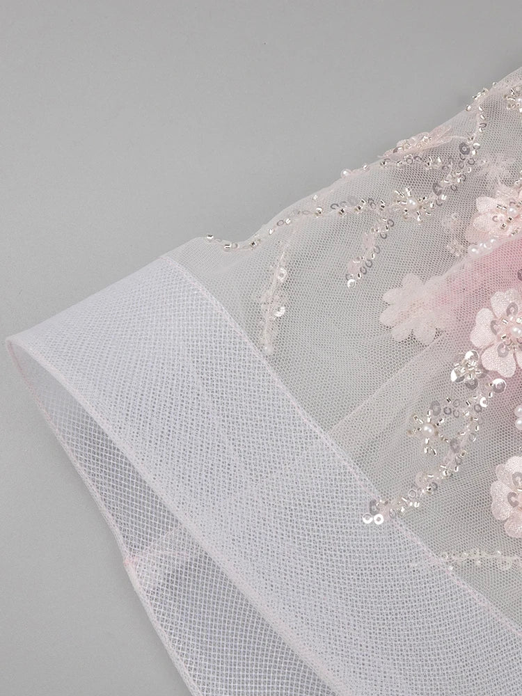 Diamond Beaded Spaghetti Strap Long Dress Pearls Sequins Structured Flowers High Split Sheer Mesh Trendy Celebrity Party Gown