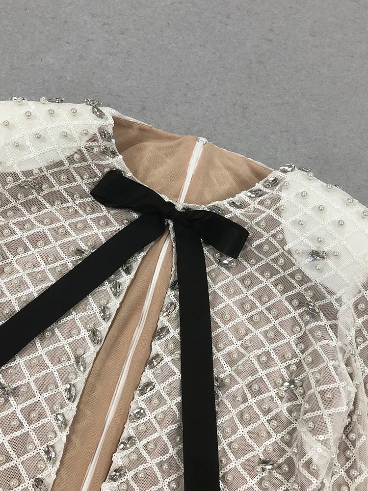 Pearl Sequins Hollow Out Short Dress For Women Sexy Long Sleeve Key Hole Bow Tie Diamond Beige Mini Evening P Diamond Beige Mini Earty Dress