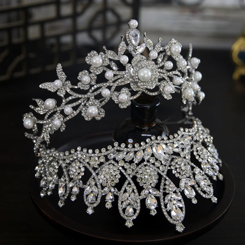 Baroque Wedding Crowns For Bride Luxury Crystal Pearl Queen Bridal Crown Tiara For Pageant Women Wedding Hair Jewerly Headdress