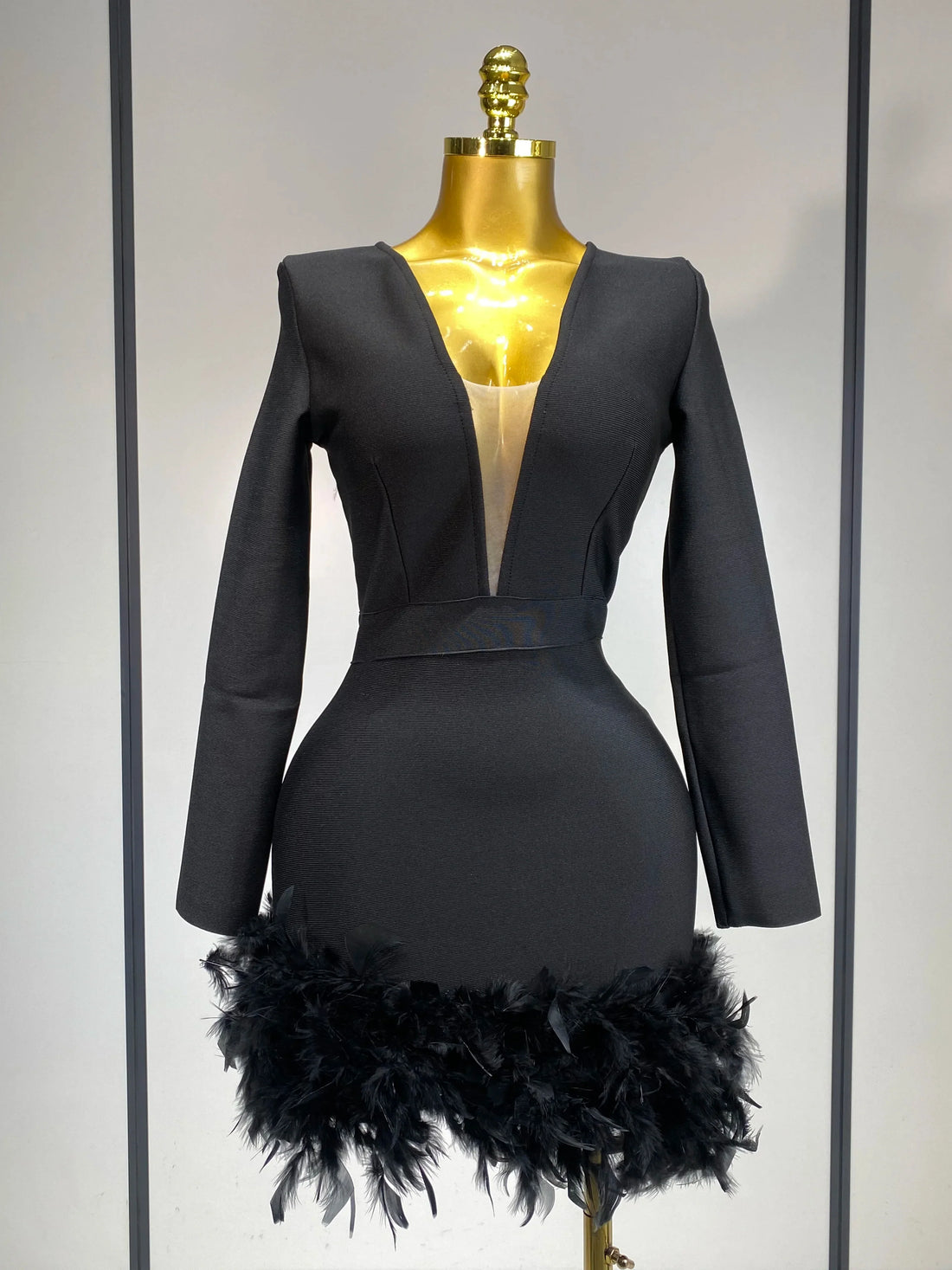 Women Fashion Sexy V Neck Long Sleeve Black Feather Mini Bodycon Bandage Dress Elegant Evening Club Birthday Party Dress black