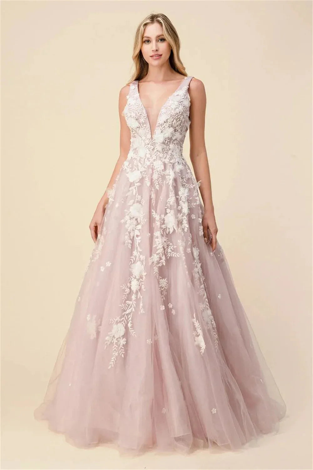 Princess A-line Party Dress Luxury 3D Flower Evening Dresses Sweet Light Pink Vestidos De Noche V-neck Prom Dress as pic