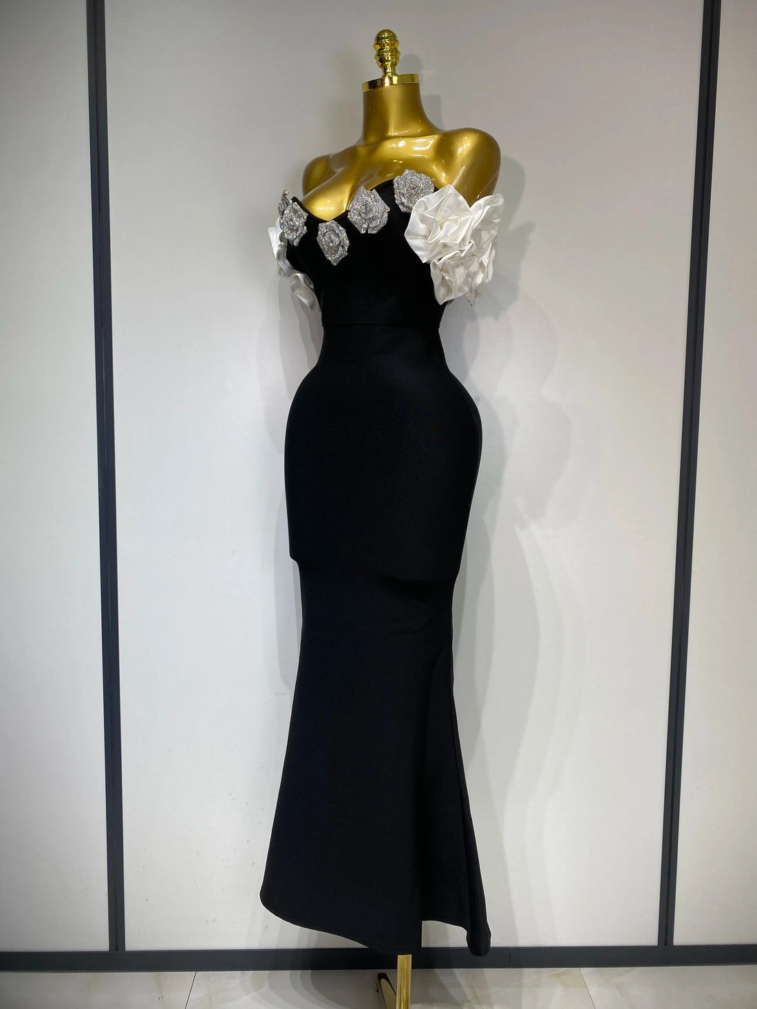 Women Luxury Rhinestone Celebrity Sexy Off Shoulder Flower Maxi Long Bodycon Bandage Dress Elegant Evening Club Party Outfit black