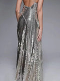 Starry Silver Sequin Strappy Backless Sleeveless with Ruffle Mesh Details Dressfor Party Glamour Gown
