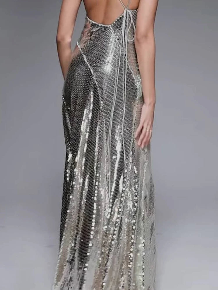 Starry Silver Sequin Strappy Backless Sleeveless with Ruffle Mesh Details Dressfor Party Glamour Gown