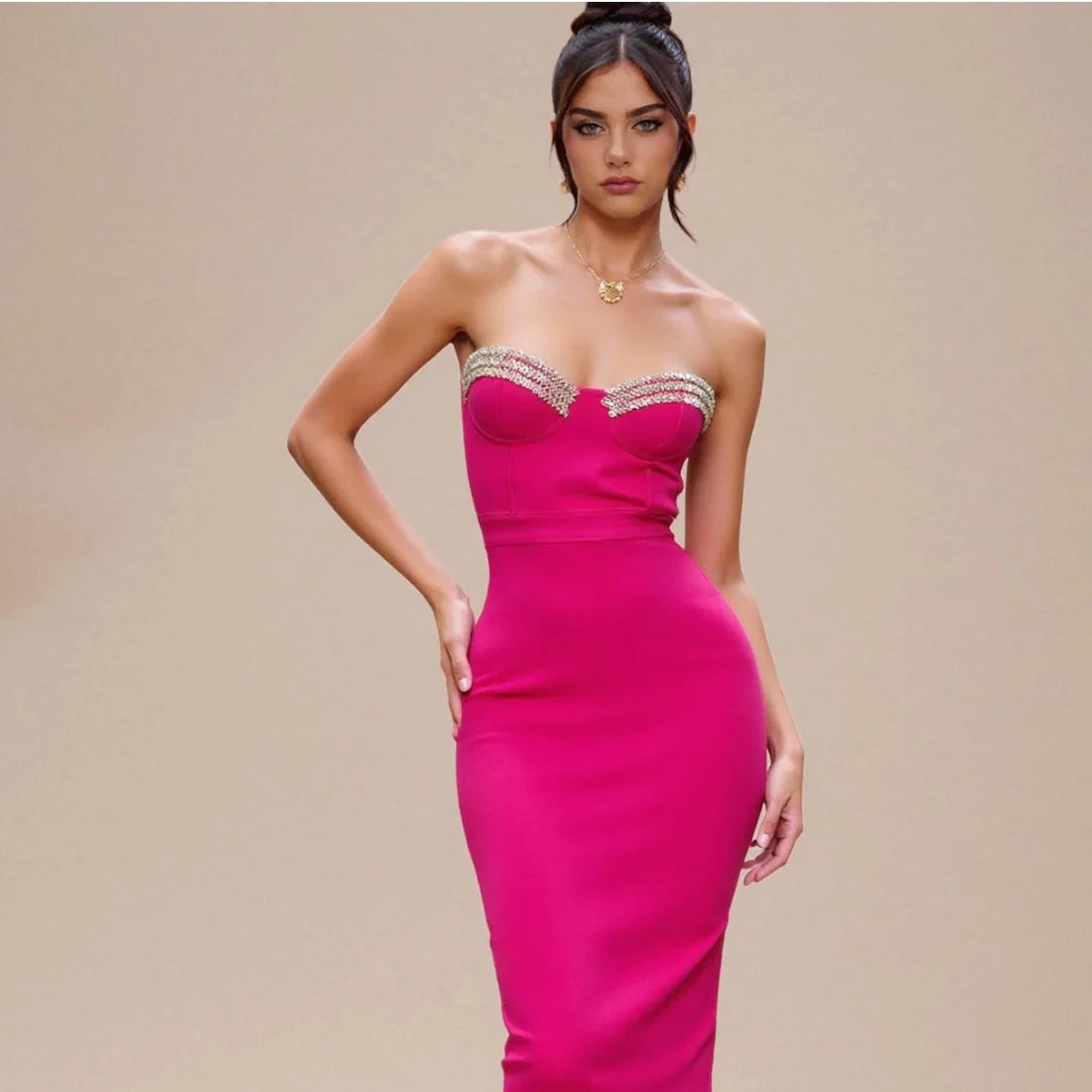 Rosered Color Women Sexy Strapless Shinning Crystal Bodycon Bandage Mid-calf Dress Nightclub Party Celebrate Birthday Outfit Rose Red