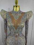 Sexy Singer Stage Drag Queen Costume Women Shiny Rhinestones Transparent Short Dress Birthday Celebrate Photoshoot Dress