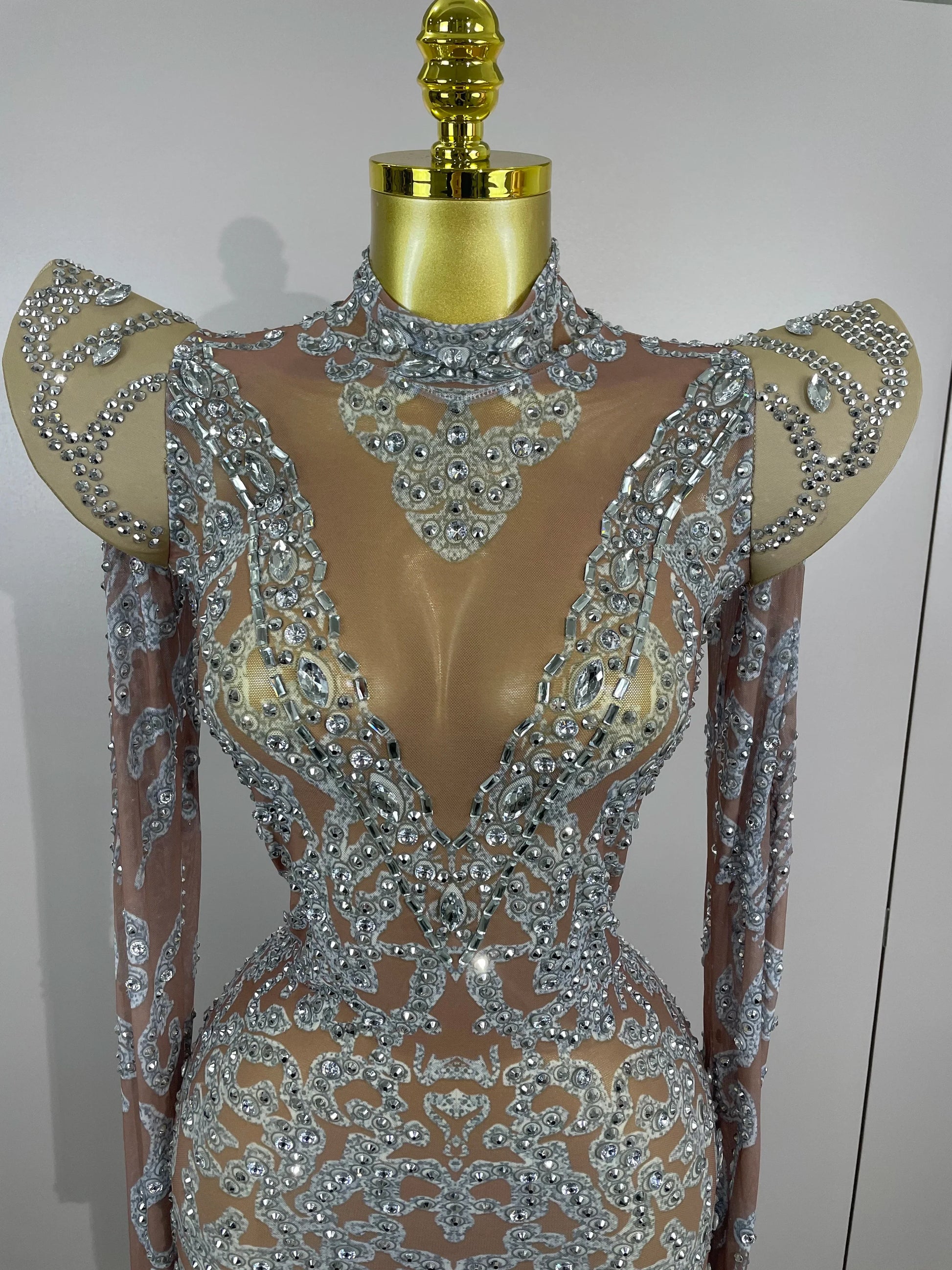 Sexy Singer Stage Drag Queen Costume Women Shiny Rhinestones Transparent Short Dress Birthday Celebrate Photoshoot Dress