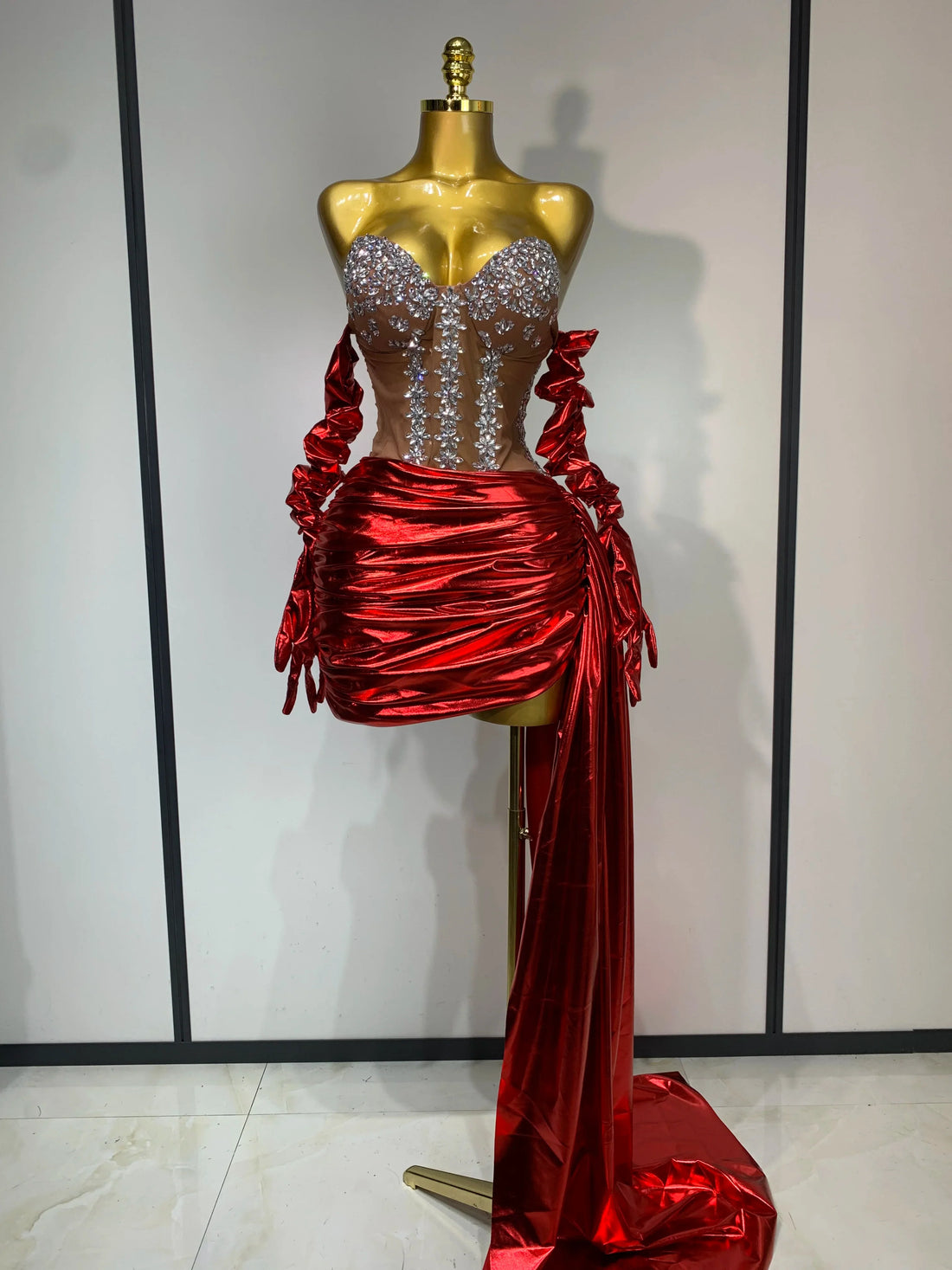 Sparkly Diamonds Sexy Mesh See Through Mini Dress Glove Women Celebrate Party Luxury Birthday Nightclub Perform Stage Outfit Red