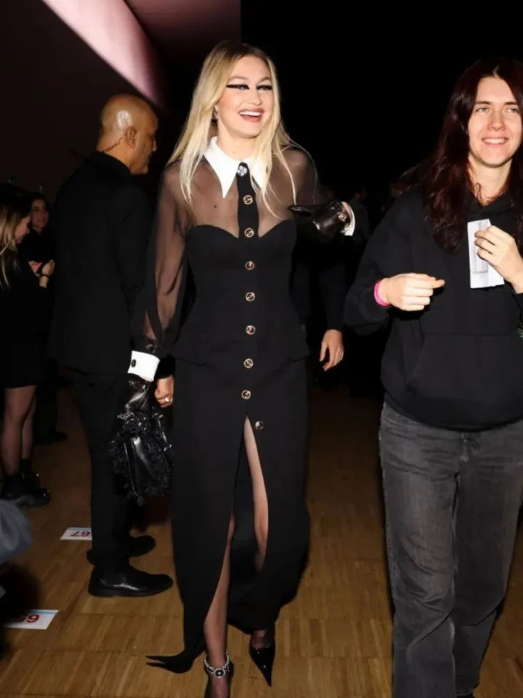 Golden Buttons White Collar Mesh Patchwork Bandage Long Dress Elegant Woman Evening Party Dress Fashion Party Outfit