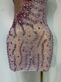 Women Sexy Mesh See Through Rhinestone Mini Dress Stage Dancer One Shoulder Stretch Night Club Party Birthday Dress Stage Outfit
