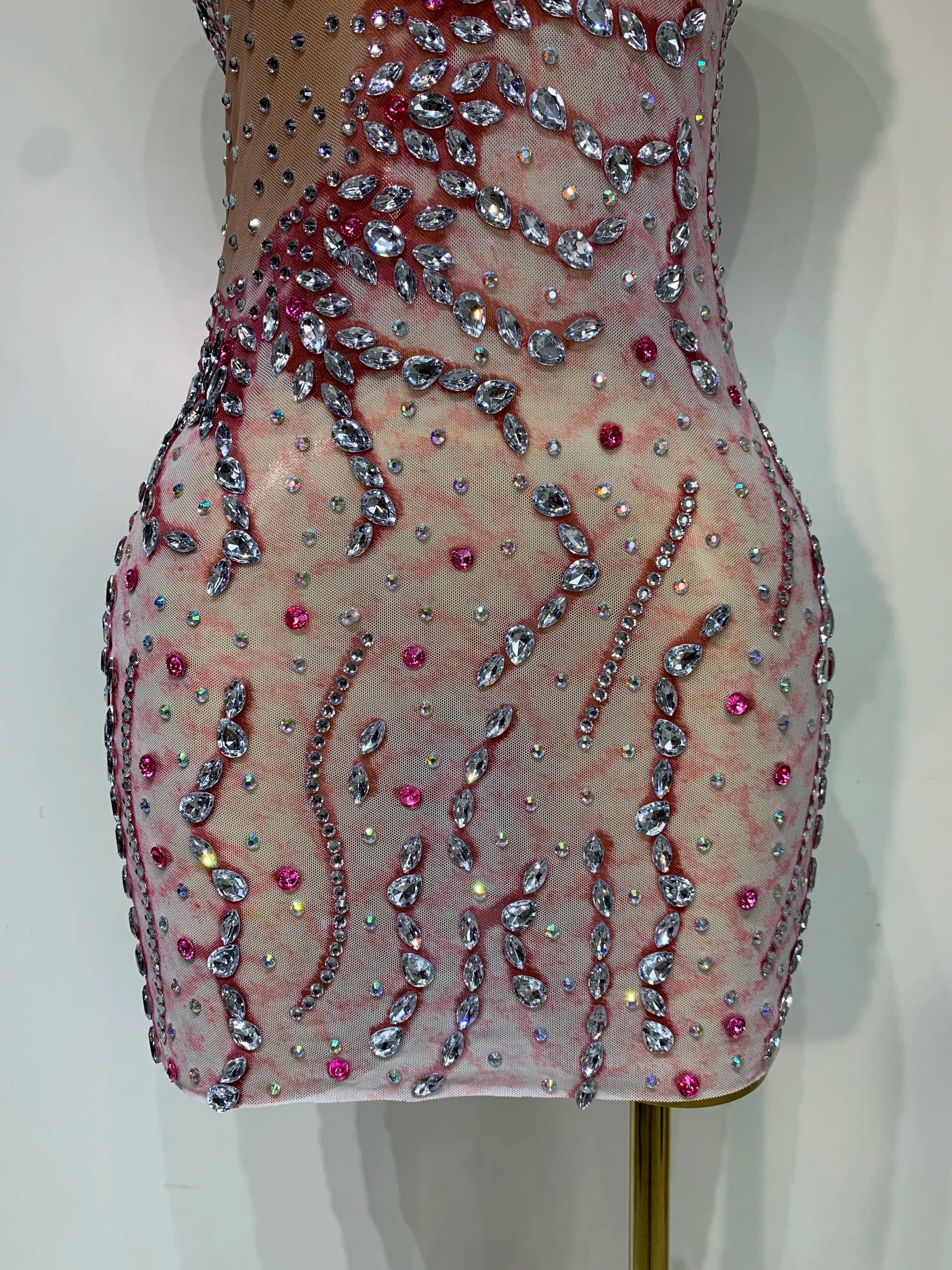 Women Sexy Mesh See Through Rhinestone Mini Dress Stage Dancer One Shoulder Stretch Night Club Party Birthday Dress Stage Outfit