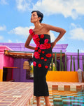 Red Flowers Strapless Black Bandage Ankle Length Dress Elegant Woman Evening Party Dress Cocktail Party Vestido