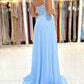 Blue Evening Dress A-Line Chiffon Long Prom Dress Lace Appliques Sweetheart Illusion See-Through Formal Party Gowns