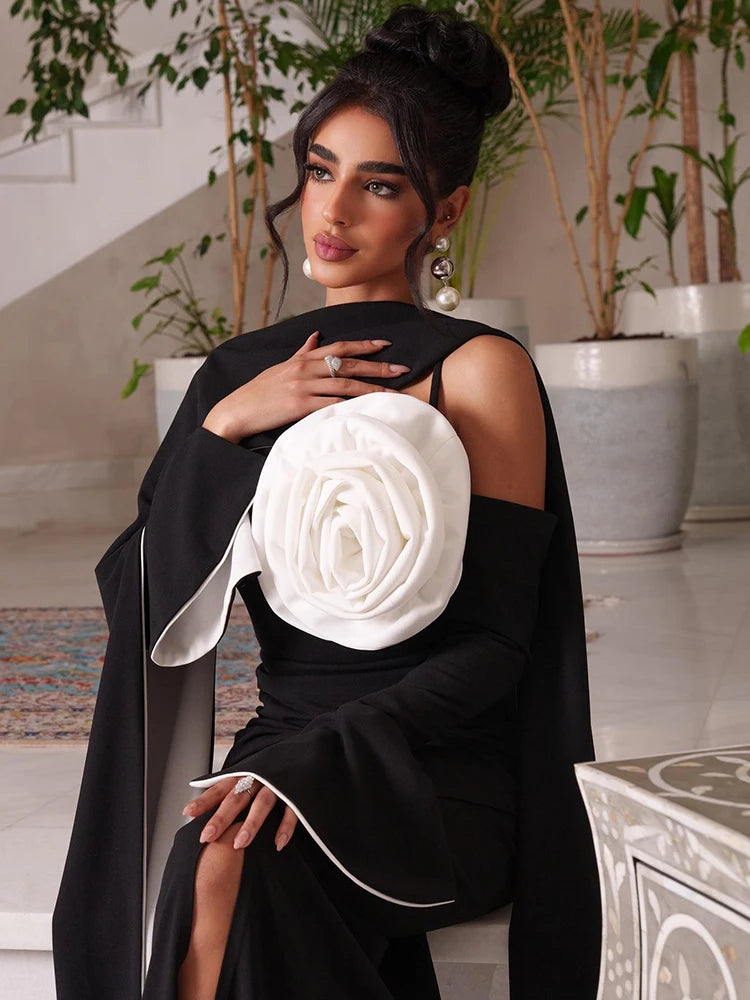 Summer New Simple Black Crepe 3D Flowers Mermaid Prom Dress Slim Long Sleeve Ankle-Length Formal Evening Dress