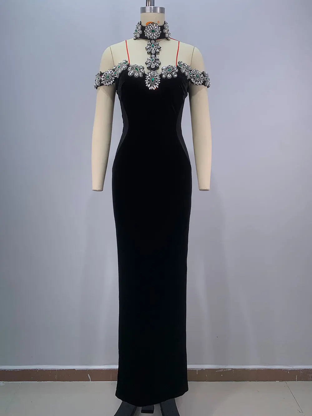 Sexy Women's Heavy Industry Diamond Adorned Velvet Dress with Hanging Neck Shoulder Bodycon Transparent Gaul Gloves+Dresses