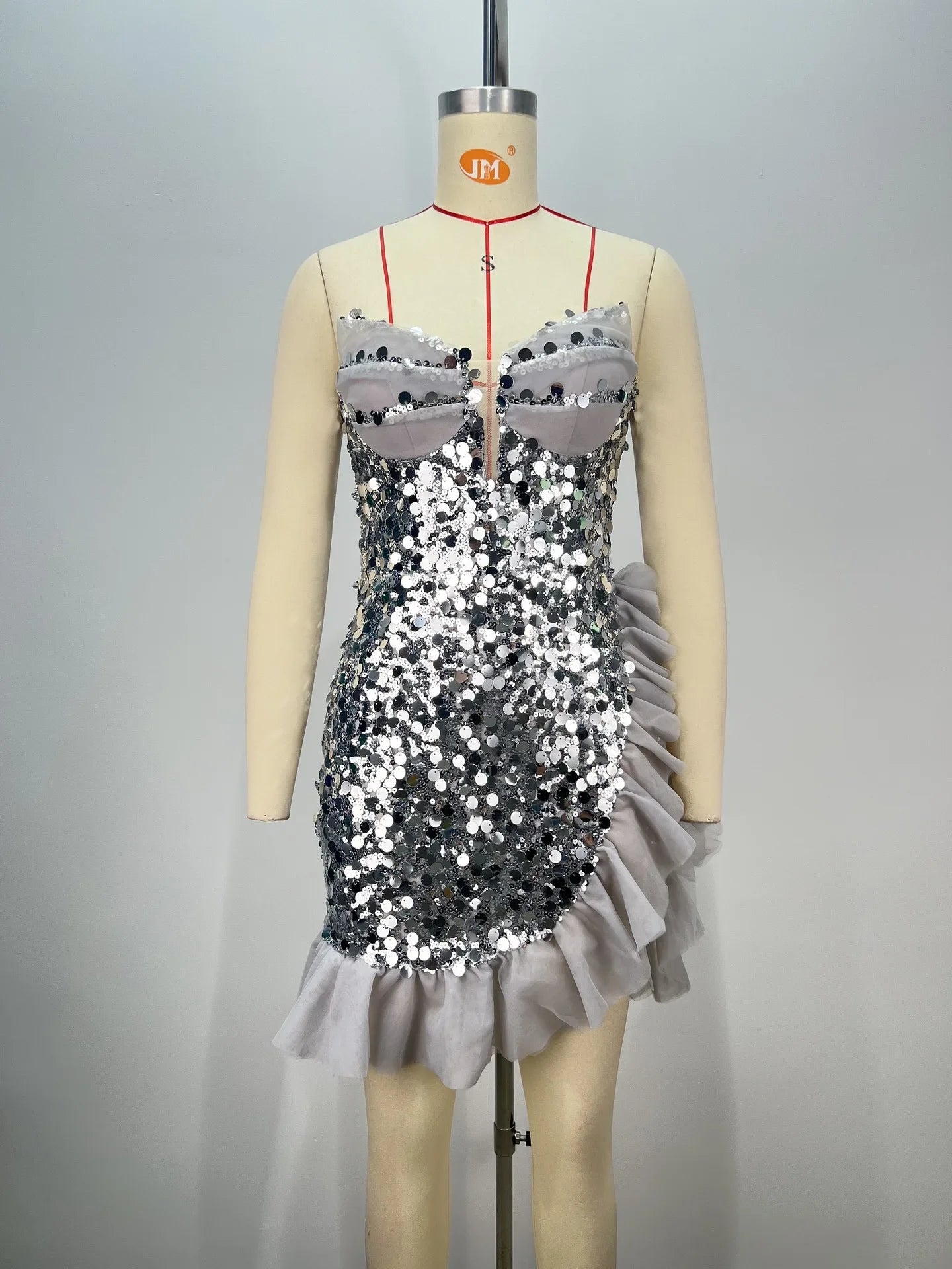 Sliver Sequins Sexy Deep V Strapless Falbala Mini Dress Fashion Woman Evening Party Dress Celebrity Birthday Party Outfit