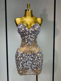Sexy Sparkly Rhinestone Backless Mini Dress Women Sleeveless Mesh See Through Evening Party Luxury Birthday Gown Stage Outfit Beige
