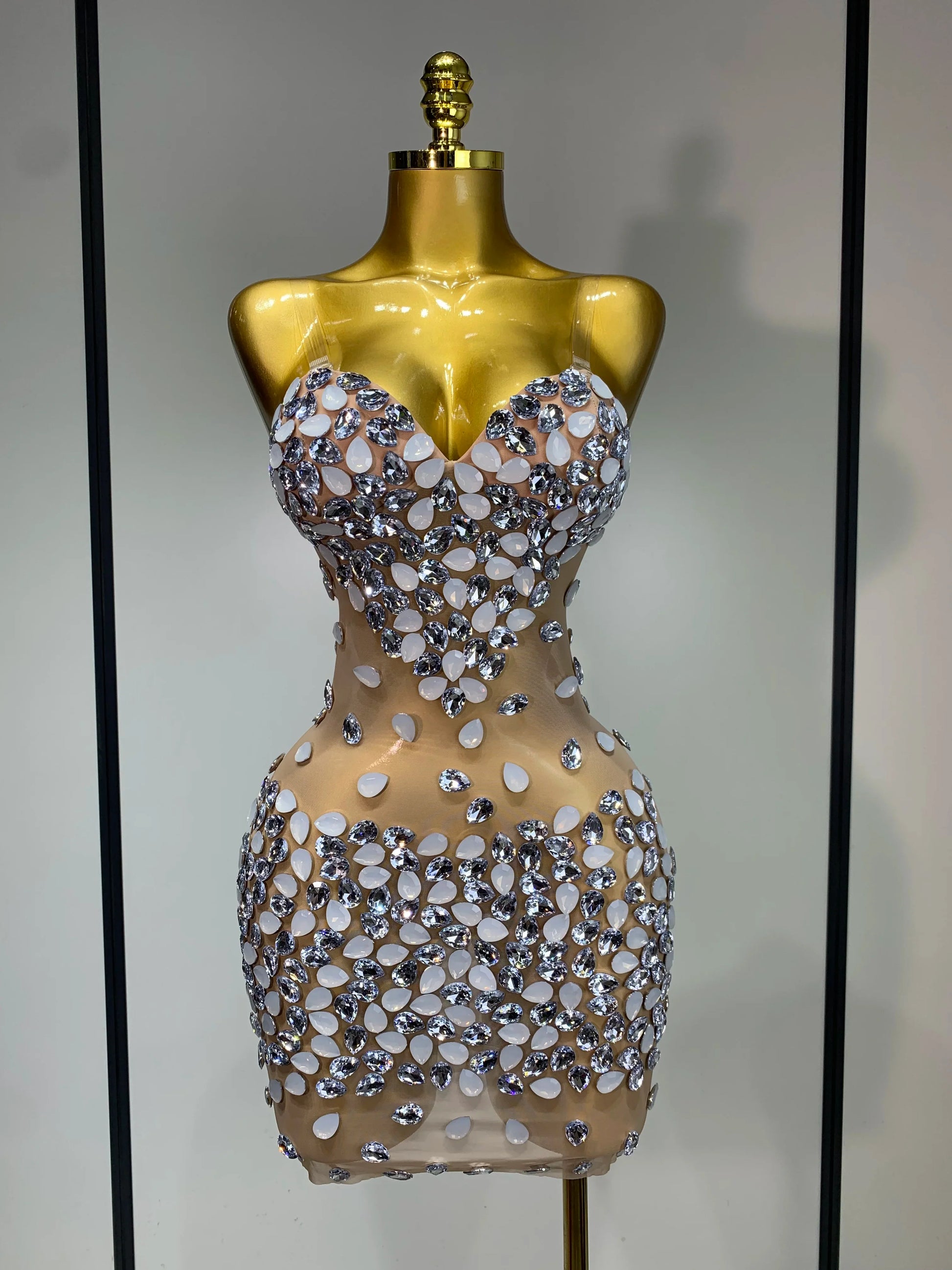 Sexy Sparkly Rhinestone Backless Mini Dress Women Sleeveless Mesh See Through Evening Party Luxury Birthday Gown Stage Outfit Beige