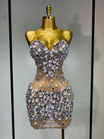 Sexy Sparkly Rhinestone Backless Mini Dress Women Sleeveless Mesh See Through Evening Party Luxury Birthday Gown Stage Outfit Beige