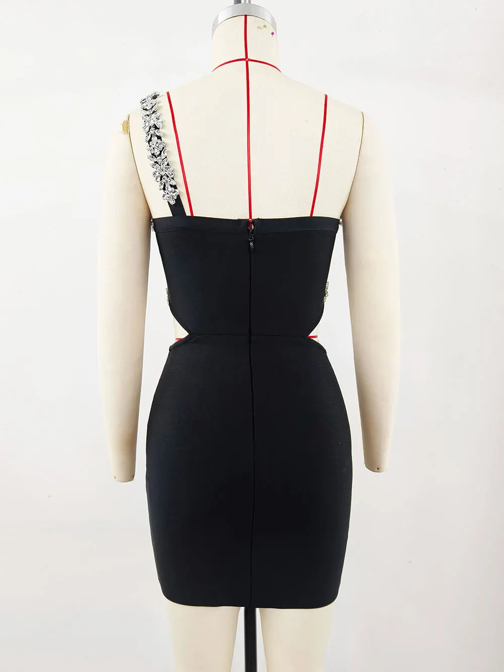 Sexy Women'S Heavy-Duty Nail Bead Rhinestone Bandage Dress, One Shoulder Sleeveless Bodycon Hollow Out Backless Mini Dress
