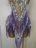 Women Sexy Stretch Mesh Sparkly Rhinestone Tassels Mini Dress Nightclub Singer Dance Stage Costume Evening Gowns