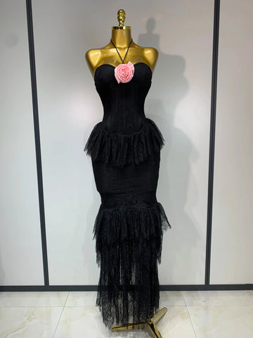 Luxury Sexy Lace Halter Flower Ruffles Long Dress Women Black Sleeveless Backless Bodycon Dresses Evening Party Birthday Dress black