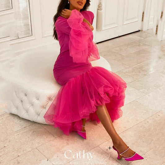 Sexy Long Sleeve Party Dress Rose Pink Mermaid Evening Dresses Fishtail Vestidos De Noche Knee Lenght Prom Dress