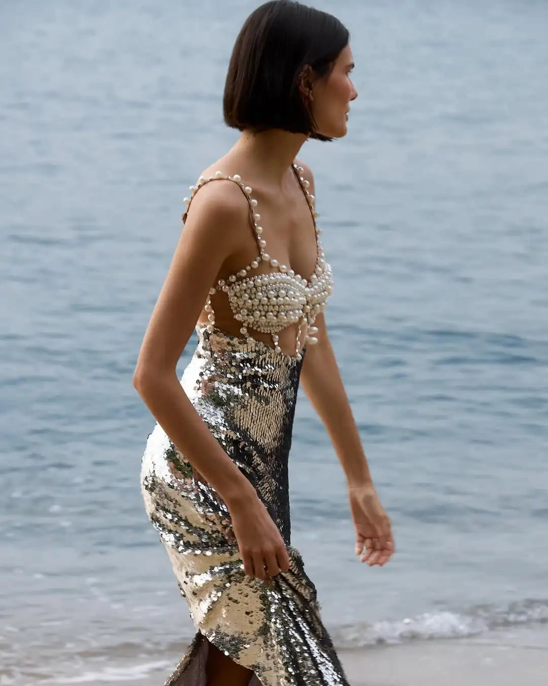 Fashionable Haute Couture Woman Evening Dress Pearl Sliver Sequins Spaghetti Strap Long Dress Celebrity Birthday Party Outfit