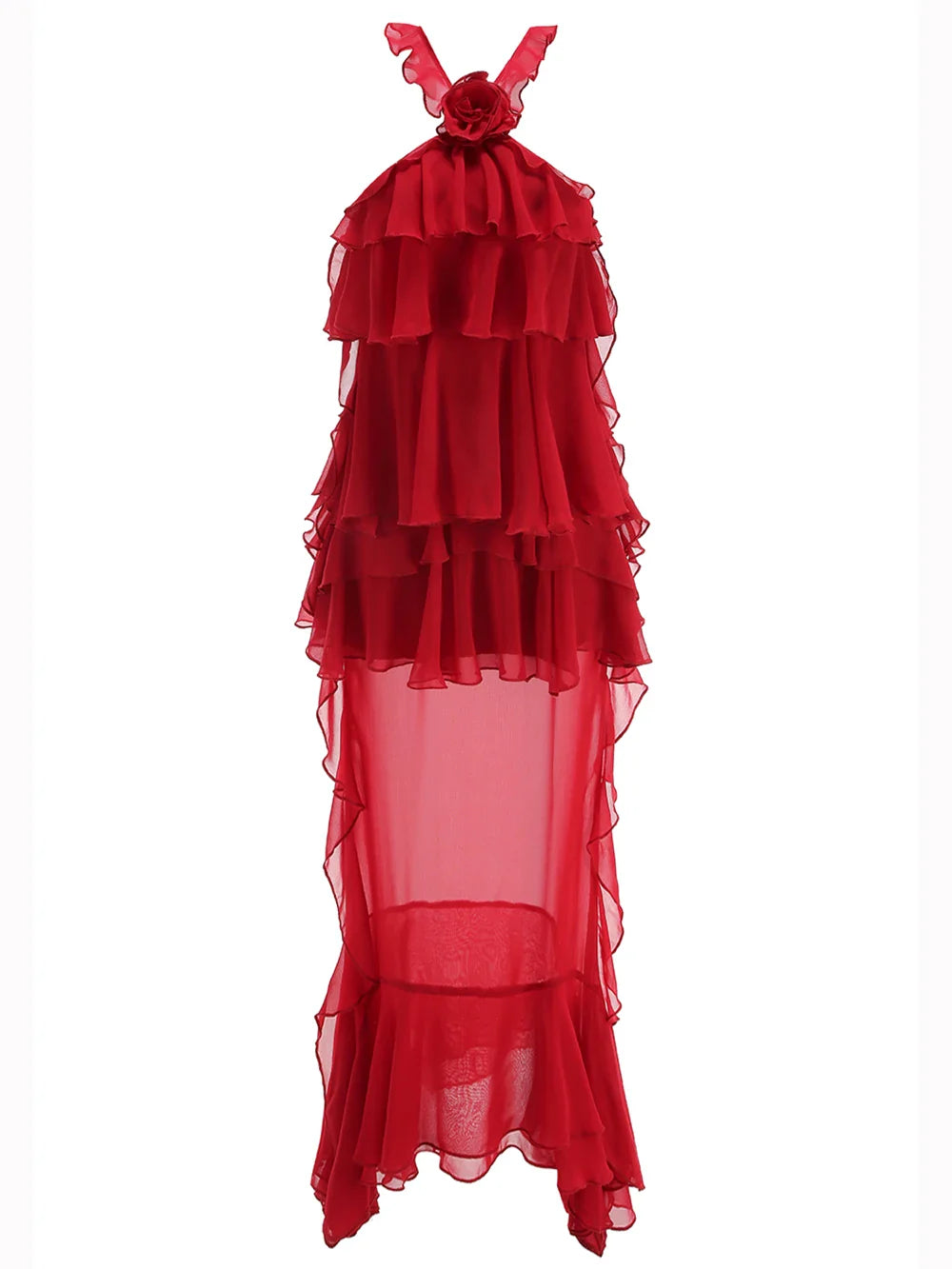 Women Gauze Perspective Irregular Elegant Long Party Dress Ruffles Sleeveless Fashion Tide Summer