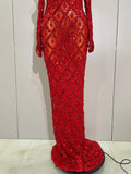 Sexy Sparkly Rhinestones Halter Mesh Long Dress With Gloves Women Celebrate Evening Wedding Prom Birthday Dress Shoot Wear