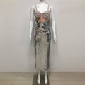 Chic Sequin Pearl Detailed Cut-Out & Straps Dress for Trendy Parties Evening Gown AS PIC