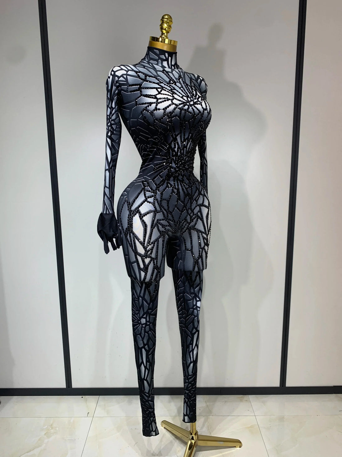 Women Sexy Black Rhinestone Stretch Bodycon Jumpsuit Club Evening Party Birthday Wear Singer Dancer Stage Perform Costume Silver