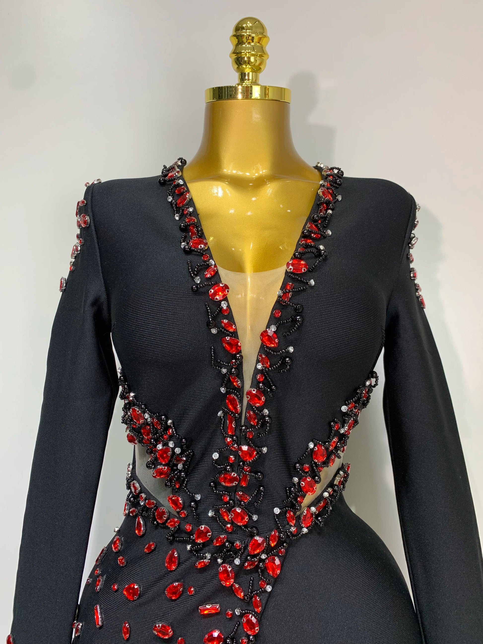 Luxury Birthday Women Celebrity Sexy Long Sleeve V Neck Rhinestone Black Bandage Dress Elegant Evening Club Party Dresses