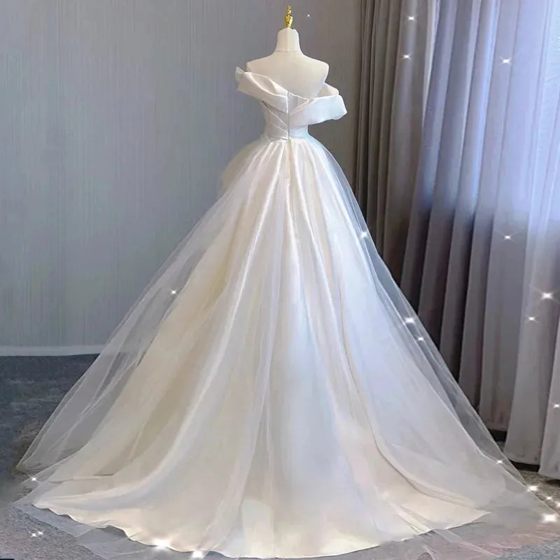Luxury French White Satin Trailing Bride Wedding Dress Sexy Off Shoulder Backless Ball Gown Wedding Evening Prom Women Dresses White