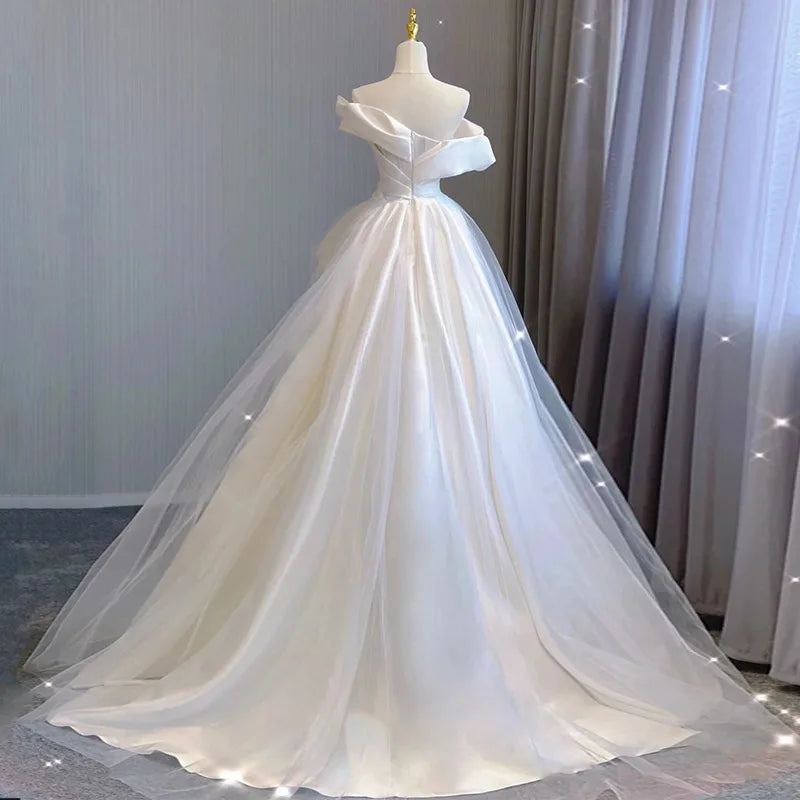 Mewah Prancis Putih Satin Trailing Pengantin Pengantin Sexy off Shoulder Backless Ball Gown Wedding Evening Prom Wanita Gaun Wanita