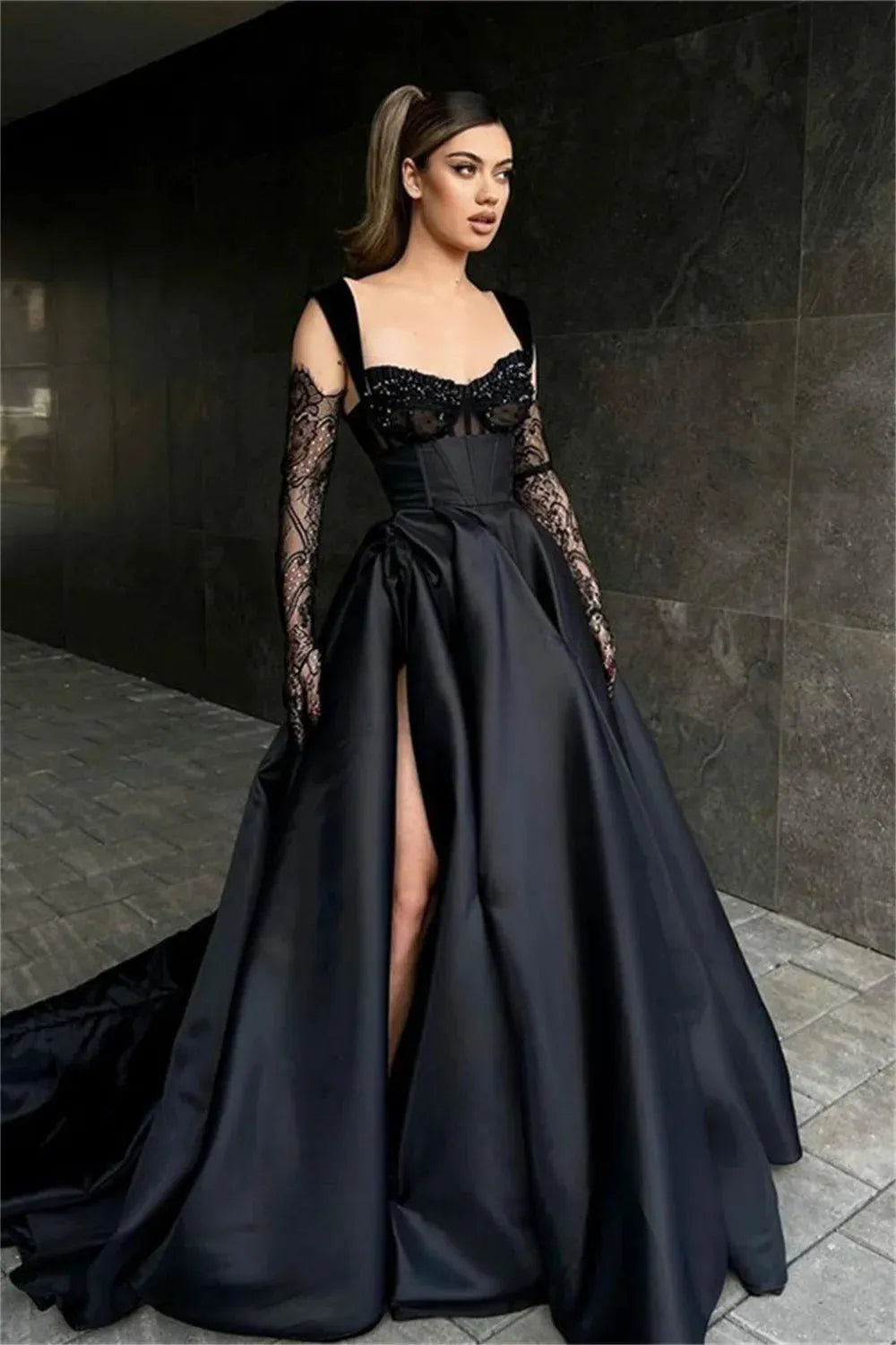 Black Lace Embroidery Prom Dresses A-line Satin فساتين السهرة Elegant Illusion Gloves Floor-Length vestidos verano moda as pic