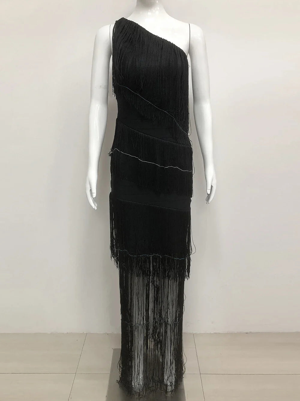 Women's One Shoulder Diagonal Collar Fringe Bandage Long Dress Summer Tassel Vacation Birthday Evening Night Club Vestidos