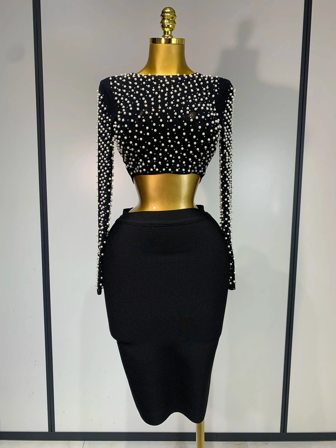 Women Sexy Long Sleeve Mesh Pearl Black Top Celebrity Midi Women Bandage Set Designer Evening Party Birthday Two Piece Set black