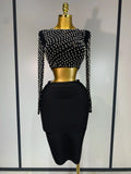 Women Sexy Long Sleeve Mesh Pearl Black Top Celebrity Midi Women Bandage Set Designer Evening Party Birthday Two Piece Set black