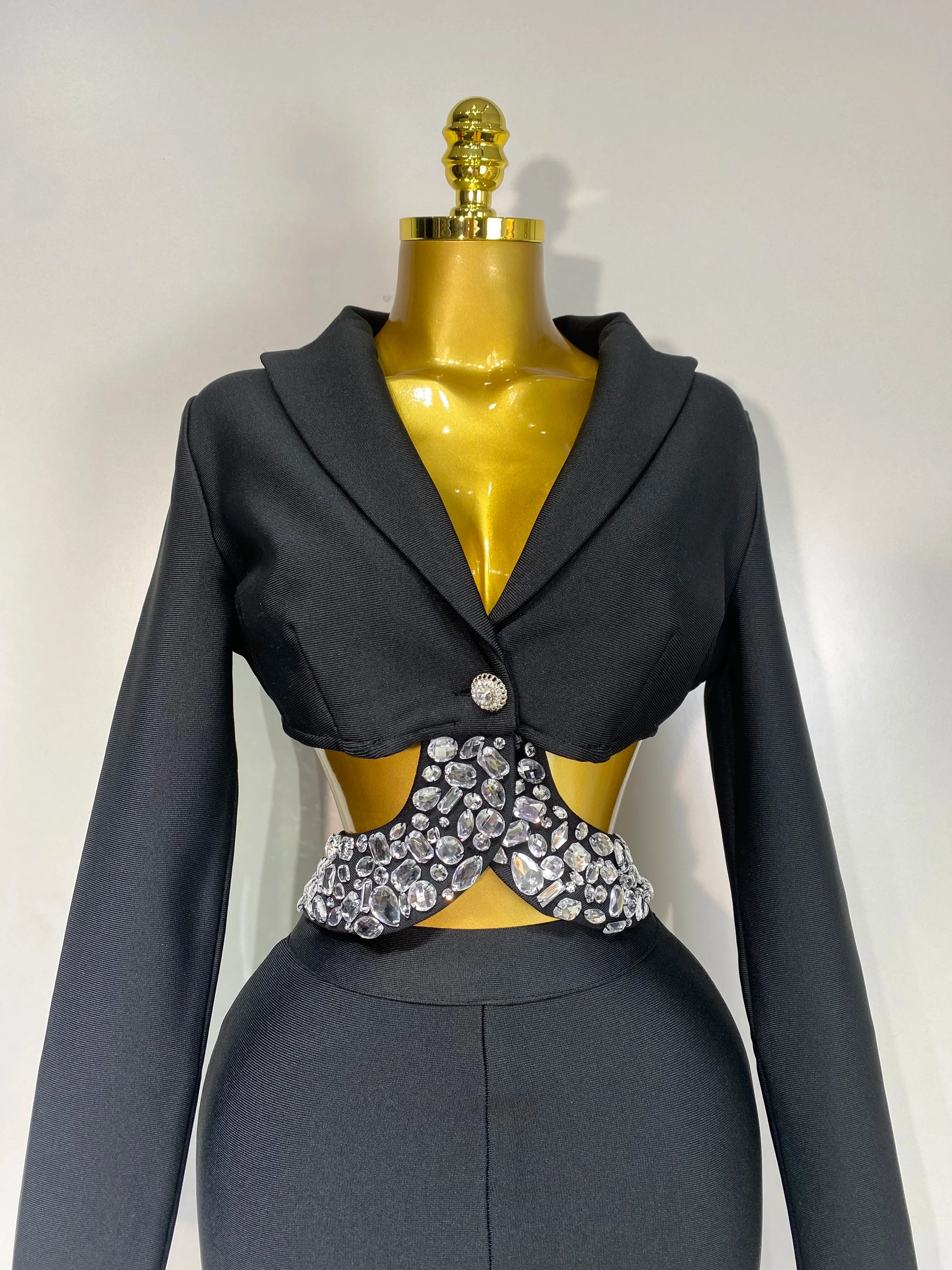 Women Sexy Cut Out Long Sleeve Beading Bodycon Two Pieces Pants Bandage Set Celebrity Designer Fashion Women Luxury Birthday Set