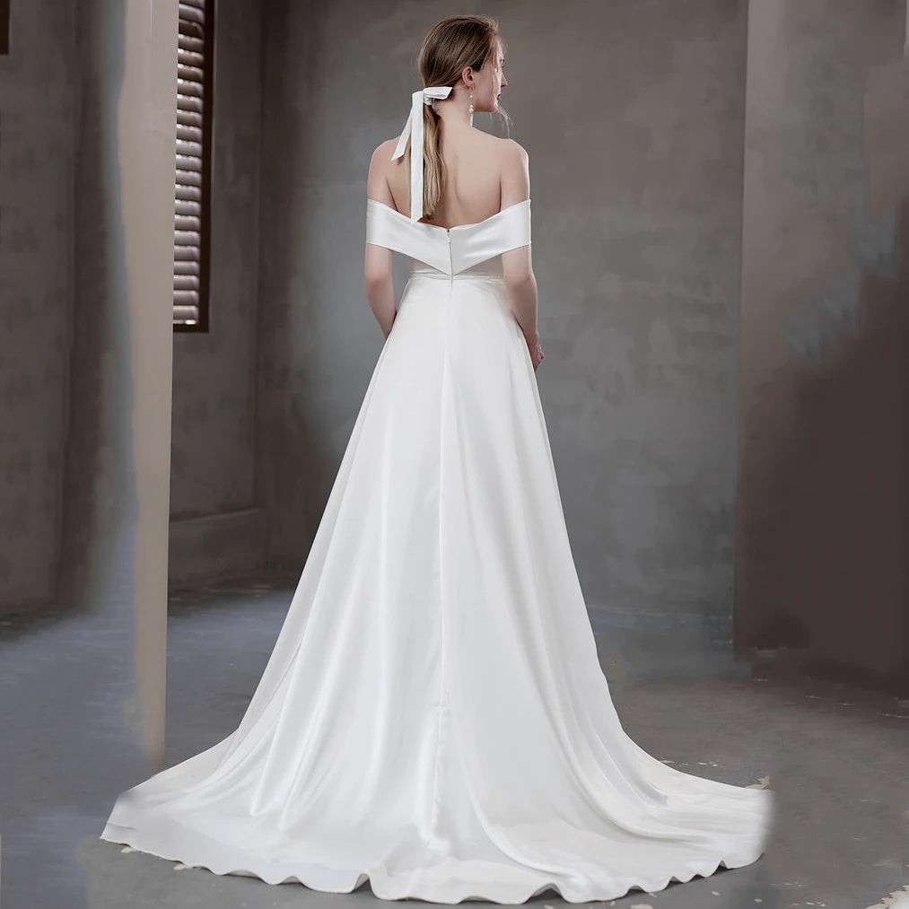 Luxury White Satin Slash Neck Wedding Maxi Dresses per sposa Elegante Abito da lavoro per gli ospiti da ballo di ballo di ballo lungo.