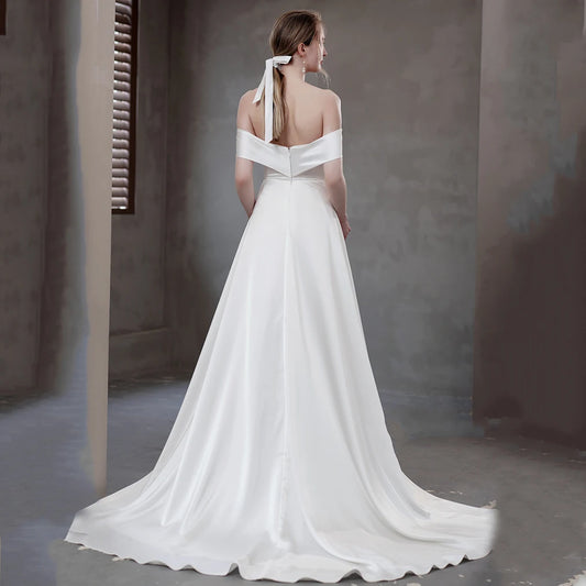 Luxus weißer Satin Slash Hals Hochzeit nach unten Maxikleider für Braut elegant langen Abschlussball Abend Gast Cocktail Party Frauen Kleid