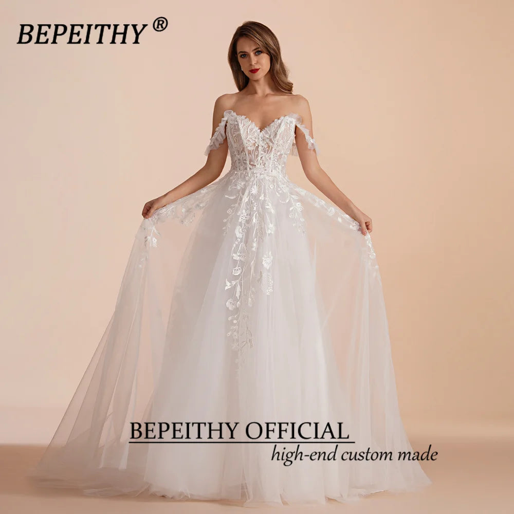 BEPEITHY A Line Sweetheart Bride Wedding Party Dresses Sleeveless Sweep Train Drop Shoulder Lace Ivory White Bridal Gown
