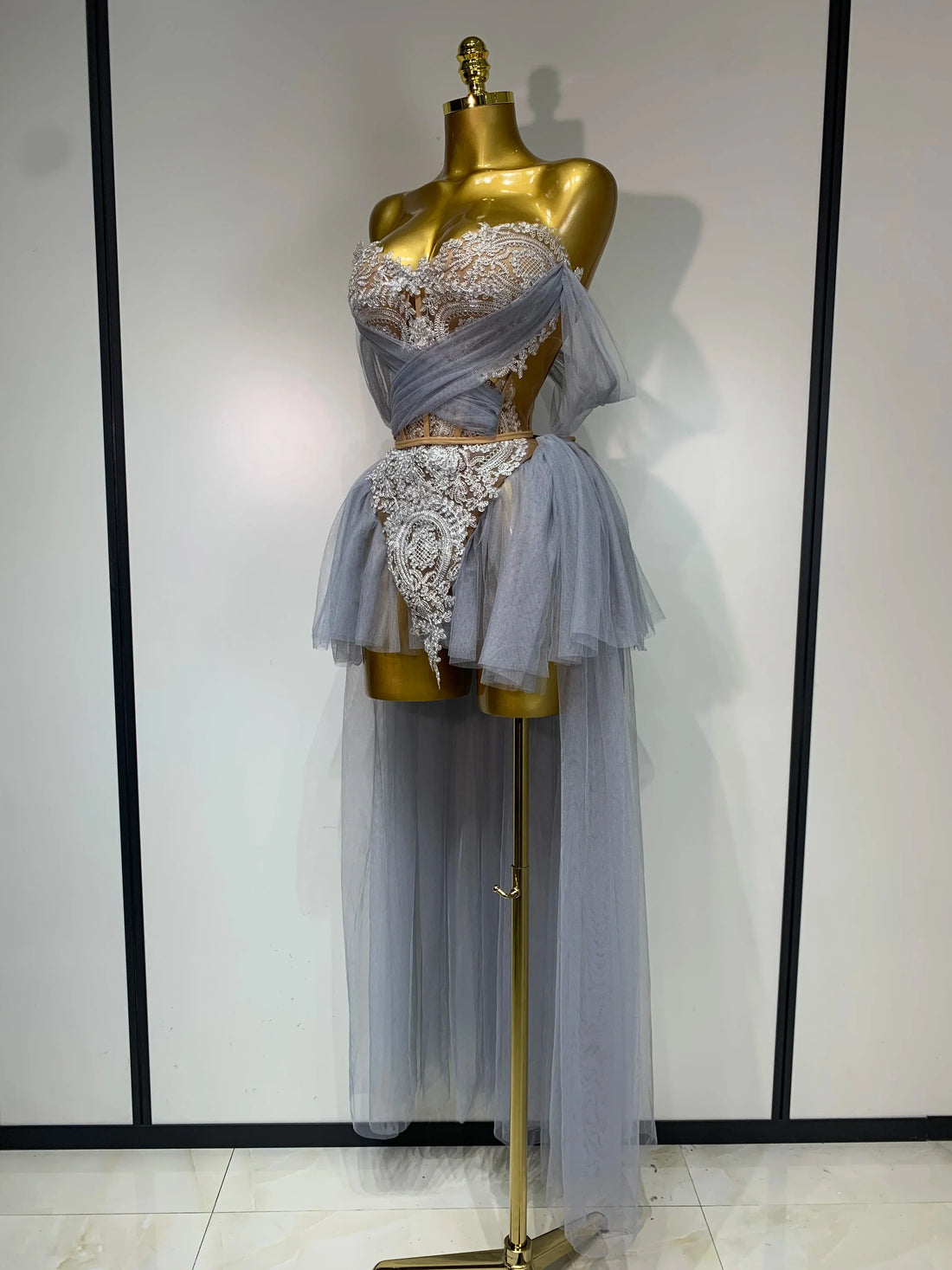 Sexy Backless Mesh Top Skirt Two Pieces Set Celebrate Festival Performance Costume Luxury Birthday Evening Party Design Dress GRAY