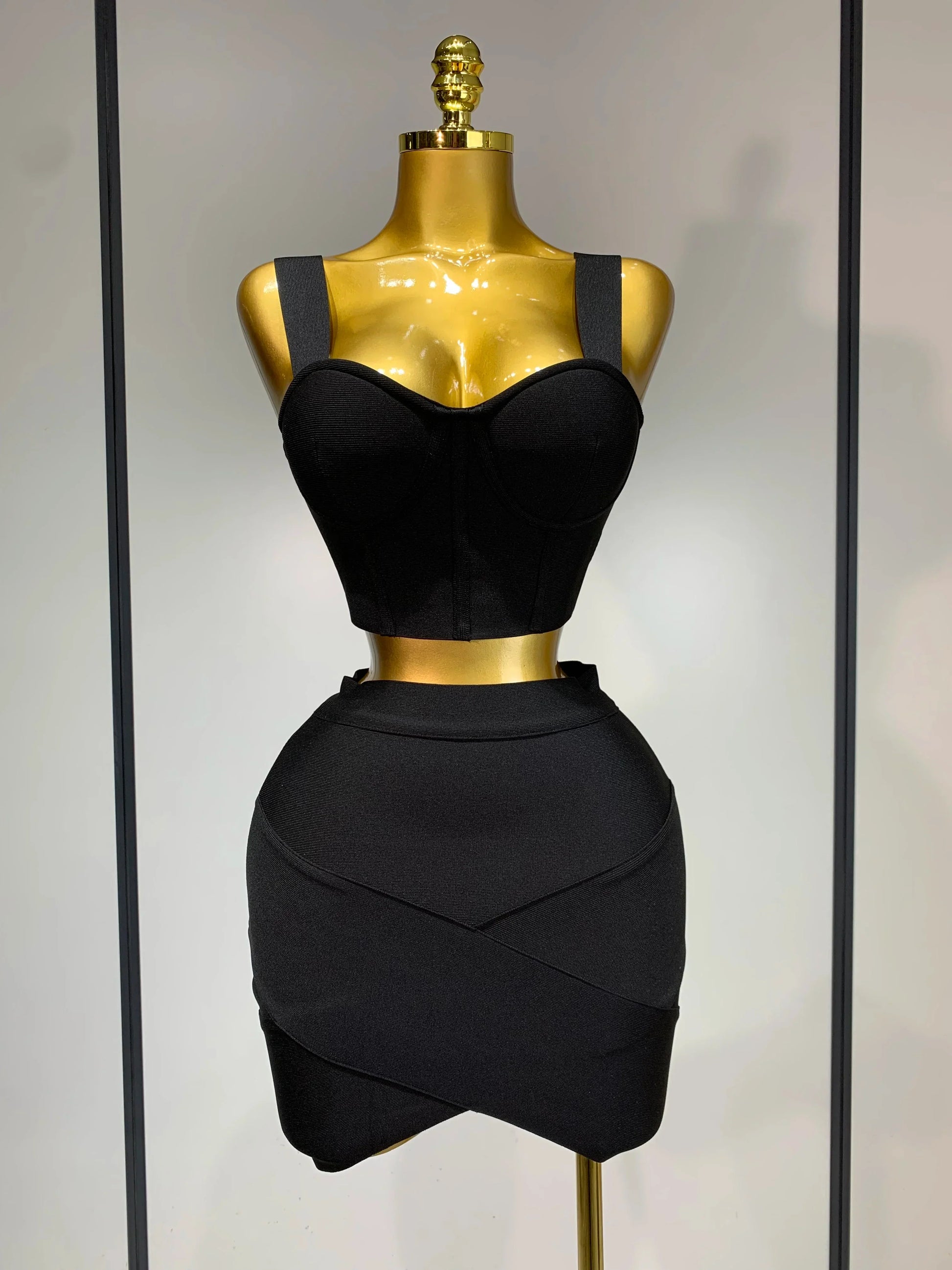 Women Sexy Backless Top Short Skirt Bodycon Bandage Two Pieces Sets Evening Party Luxury Birthday Outfit Nightclub Suits black