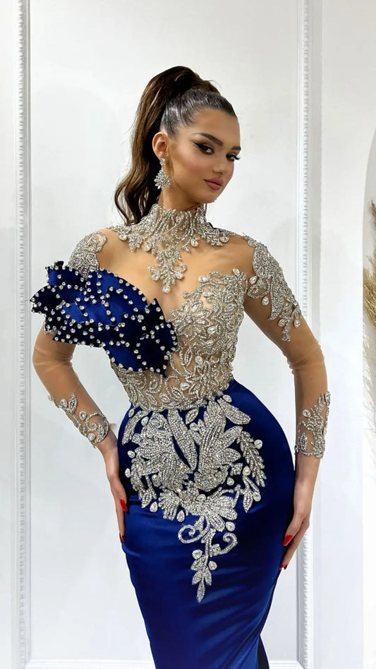 Vestido de fiesta de sirena azul real, vestidos de fiesta árabes de Dubái para boda, vestidos de desfile para mujer