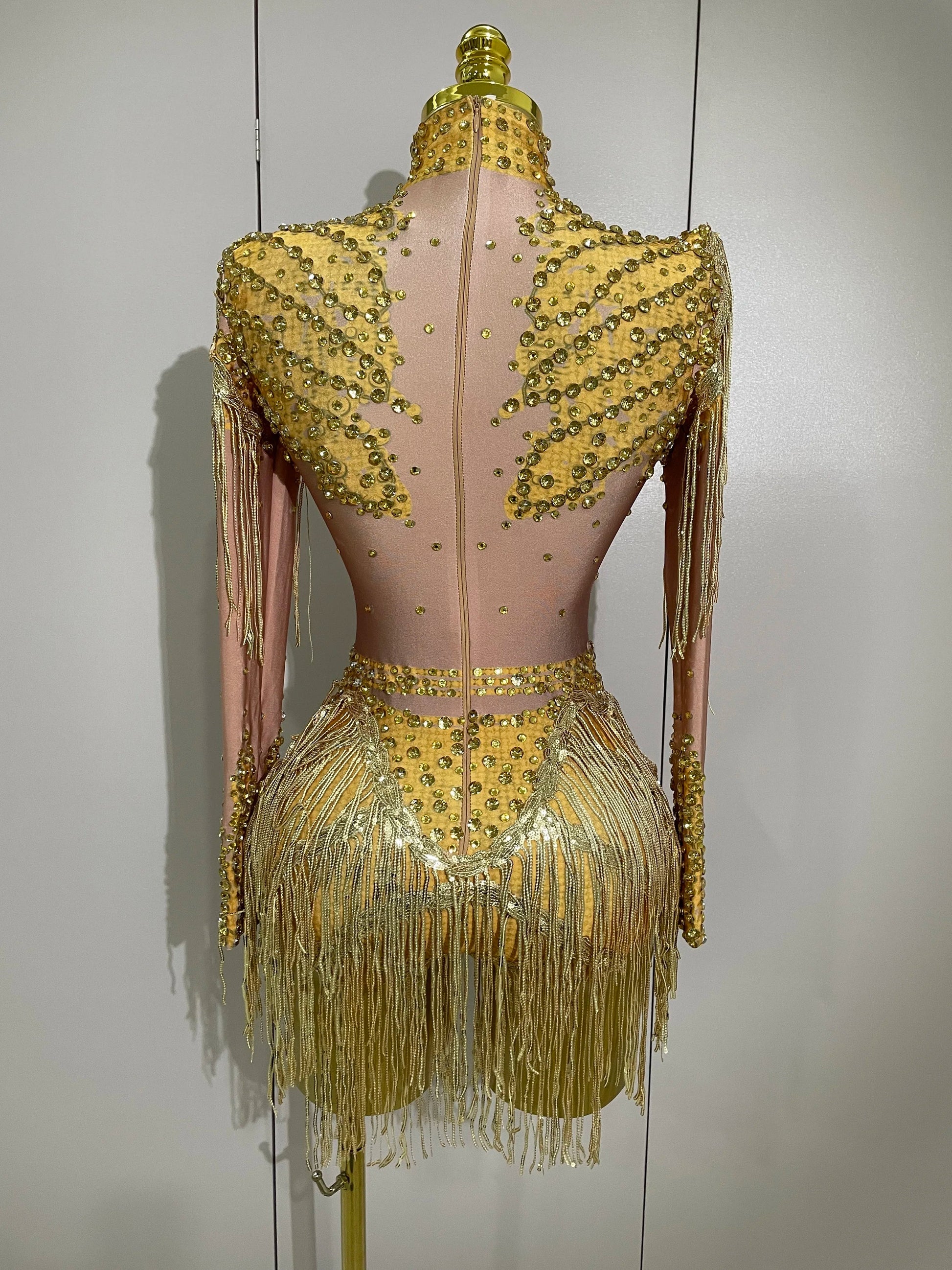 Sparkly Rhinestone Sequin Tassel Stretch Bodysuits Women Birthday Party Nightclub Dj Stage Performance Costume