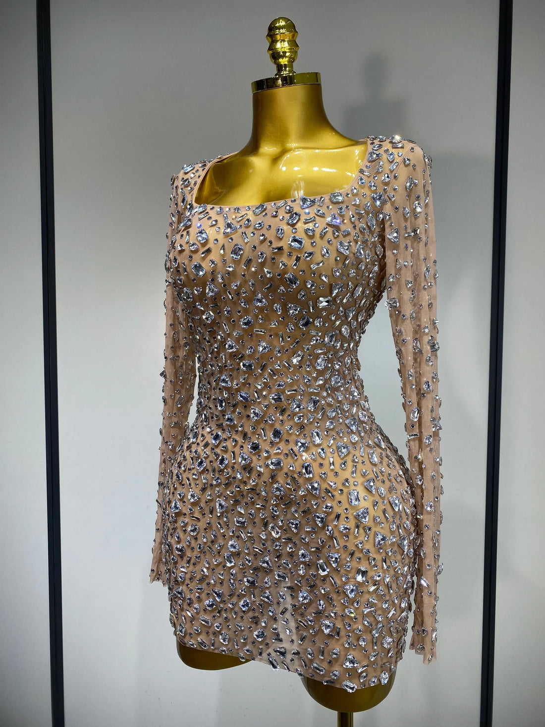 Sparkling Diamond Elegant Party Short Dress Celebrity Evening Party Prom Dress Nightclub Stage Outfit Luxury Birthday Dress Khaki